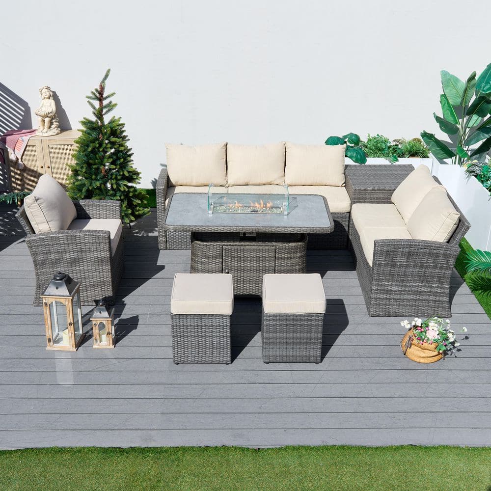Soili 8-Person Patio Outdoor Wicker Fire Pit Conversation Set with Gray Cushions-Gray price history on PriceWatchPro