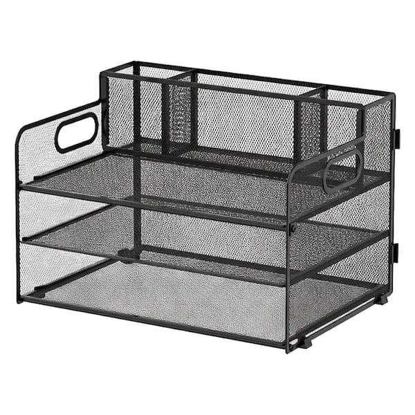 3 Tier Desk Organizer with Handle and 3 Pen Holders Black Mesh 3 Tier Desk Organizer with Handle and 3 Pen Holders Black Mesh