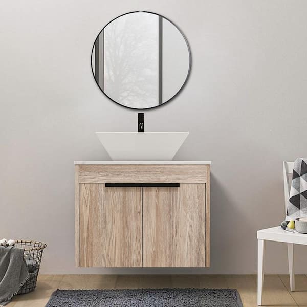 Modland Yunus 23.6 in. W x 18.9 in. D x 23.3 in. H Wall Mounted Bathroom Vanity Set in White Oak with White Top with Vessel Sink