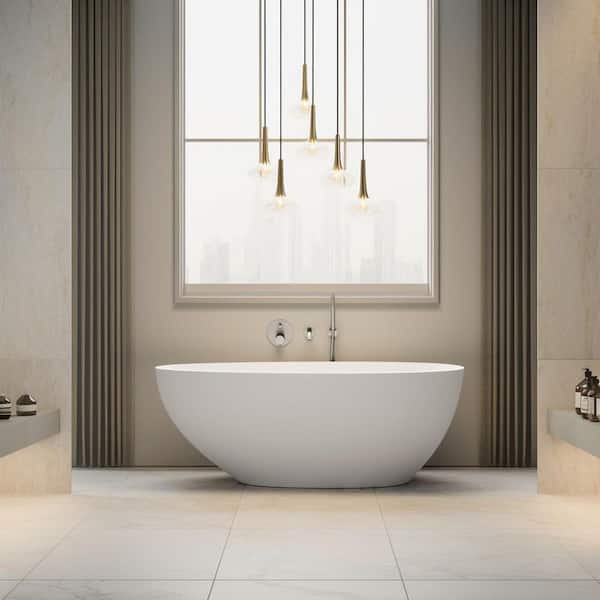 Moray 59 in. x 29 in. Solid Surface Stone Resin Flat Bottom Freestanding Bathtub Soaking Bathtub in Matte White