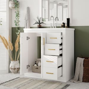 30 in. W x 18 in. D x 34 in. H Freestanding Bath Vanity in White w/White Resin Single Sink Top, 3 Drawers & Doors