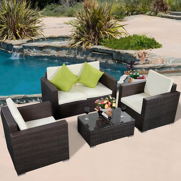FORCLOVER 4-Piece Brown Wicker Rattan Patio Conversation Set with Beige Cushions