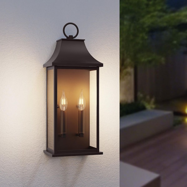 Montpelier 20.6 in. 2-Light Oil-Rubbed Bronze Dusk to Dawn Outdoor Hardwired Wall Lantern Scone