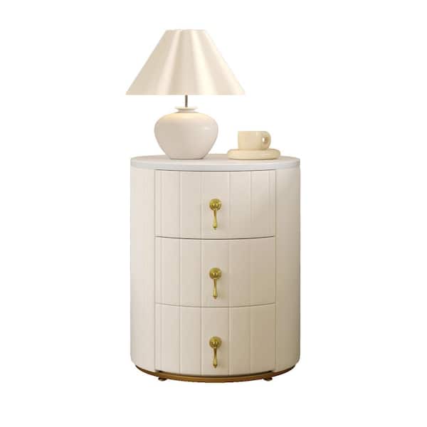 CSC DECOR INC Beige 3 Drawer Round Upholstered Nightstand Marbling Stickers Top Side Table w/Metal Handle Fully Assemble Except Handle