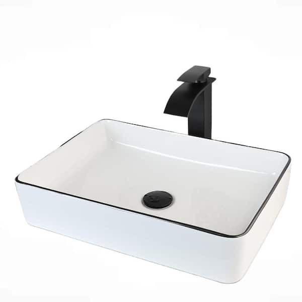 20x13. 8 in. Vessel Bathroom Sink in White Ceramic with Waterfall Faucet and Pop-Up Drain