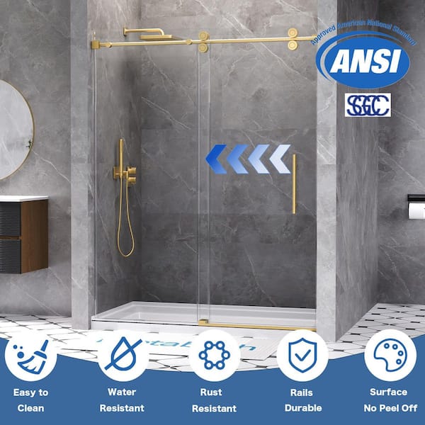 56 to 60 in. W x 76 in. H Single Sliding Frameless Shower Door in Brushed Gold with 3/8 in. Tempered Clear Glass