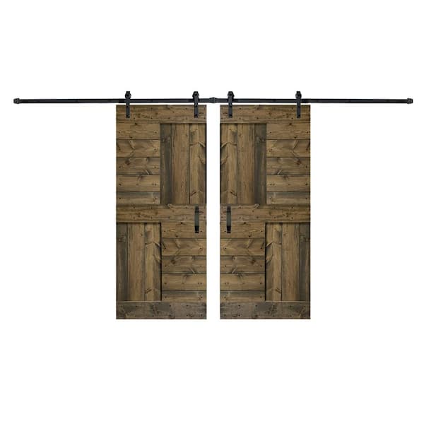 COAST SEQUOIA INC S Series 72 in. x 84 in. Aged Barrel DIY Knotty Pine Wood Double Sliding Barn Door with Hardware Kit