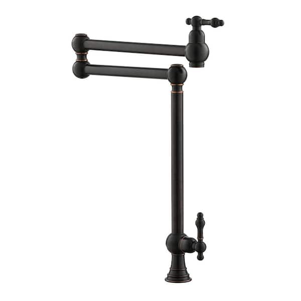 Residential Deck Mount Folding Pot Filler Kitchen Faucet with Dual Handles and Extended Swinging Joints in Rubbed Bronze