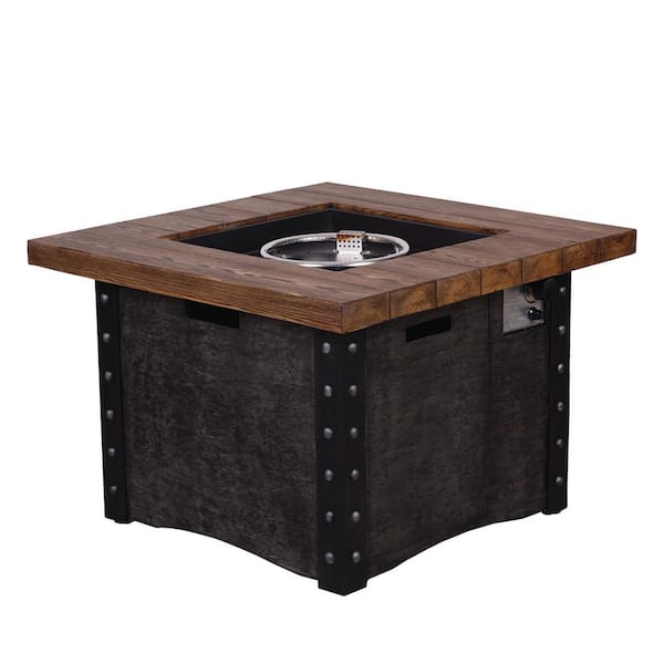 moda furnishings 50,000 BTU Rectangle Outdoor Patio Brown Faux Wood Grain Tabletop and Black Table Design Base Propane Gas Fire Pit Table