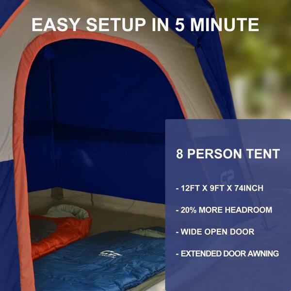 Blue 8-Person Waterproof Family Dome Tent with Large Mesh Windows