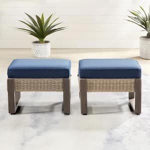 Wicker Outdoor Patio Ottoman with Steel Frame and Dark Blue Cushions (Set of 2)