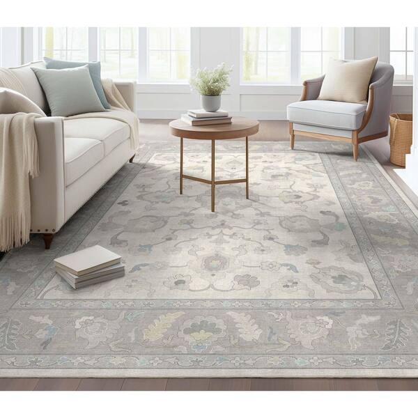 Ushak Konya Boho Updated Traditional, Cream Grey 9 ft. 10 in. x 13 ft. in. Area Rug