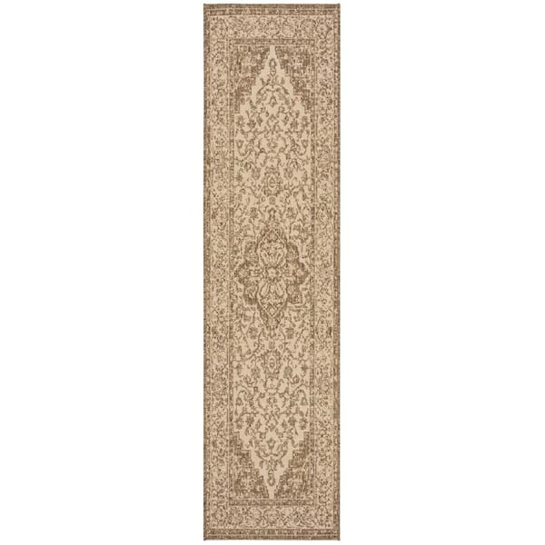 SAFAVIEH Beach House Cream/Beige 2 ft. x 10 ft. Border Floral Indoor/Outdoor Patio  Runner Rug