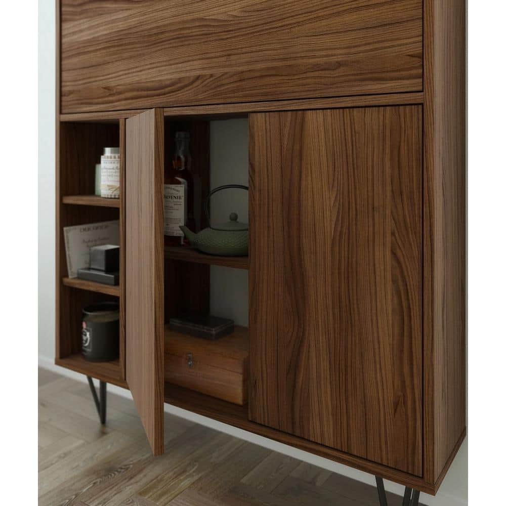 Slim Walnut Secretary Desk with Black Hairpin Legs and Filing Cabinet