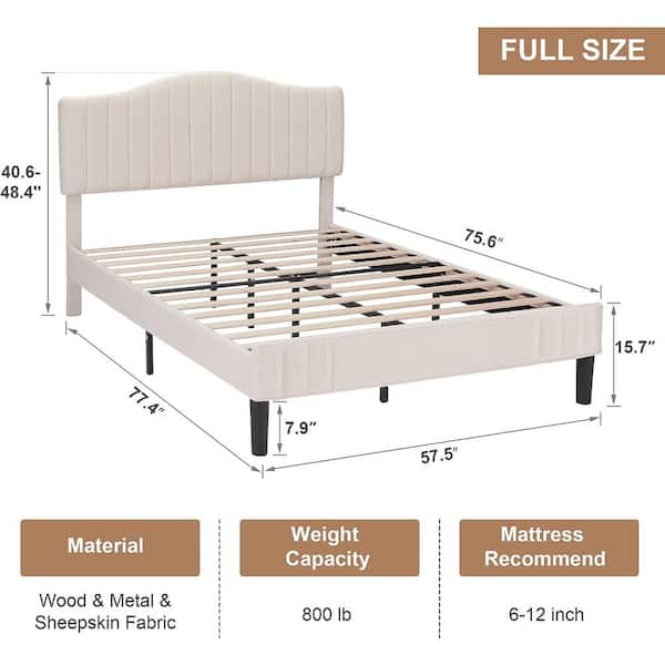 Upholstered Bed Frame Full Size with Sheepskin Fabric Adjustable Headboard Platform Bed, Beige