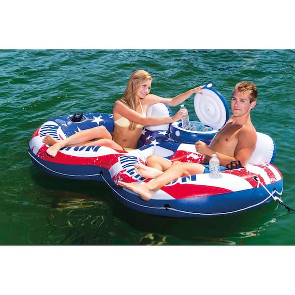Intex American Flag 2 Person Pool Tube Float with Cooler Bundled with Air Pump