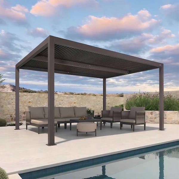 PURPLE LEAF 12 ft. x 14 ft. Bronze Aluminum Frame Outdoor Louvered Pergola Hardtop Gazebo with Adjustable Roof for Garden Backyard