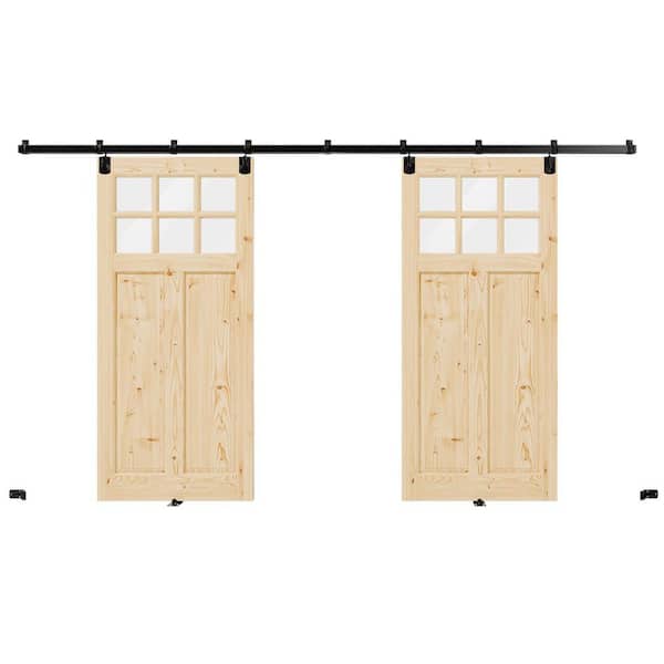 72 in. x 80 in. 6 Lite, Clear Glass, Solid Pine Wood, Light Brown Primed Exterior Sliding Barn Door with Hardware Kit