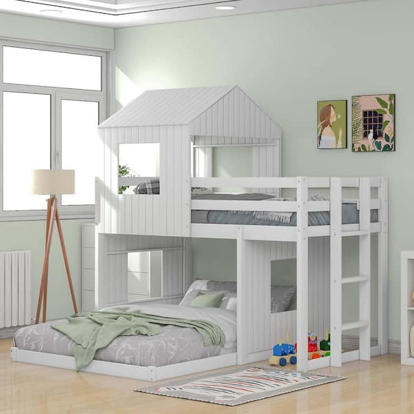 Polibi White Wooden Twin Over Full Bunk Bed, Loft Bed with