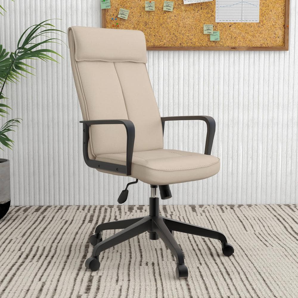 Tan High-Back Leather Office Chair with Fixed Arms
