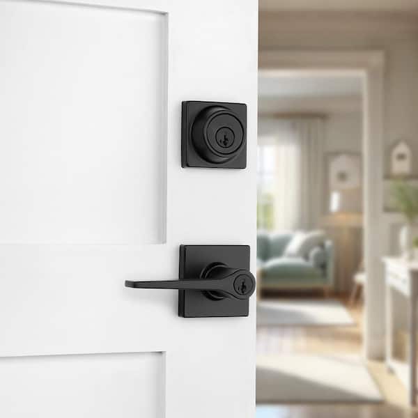Hollis Matte Black Keyed Entry Door Lever and Single Cylinder Deadbolt Combo Pack ft SmartKey Security