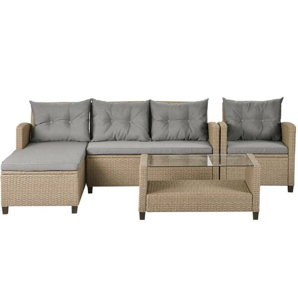 Unbranded 4-Piece Wicker Outdoor Sectional Set with Gray Seat Cushions