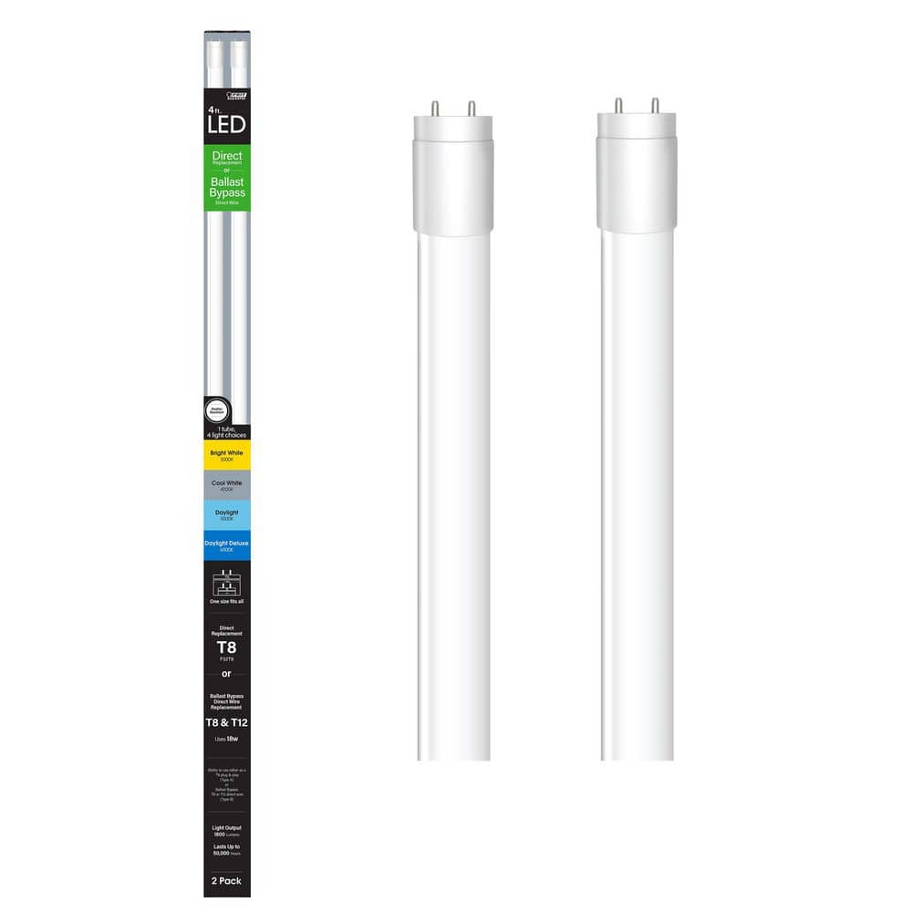 Feit Electric - 18-Watt 4 ft. G13 Type AB T8 Plug and Play Or T8/T12 Ballast Bypass Linear LED Tube Light Bulb Selectable White (2-Pack)