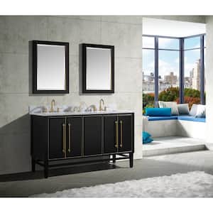 Mason 61 in. W x 22 in. D Bath Vanity in Black with Gold Trim with Marble Vanity Top in Carrara White with White Basins