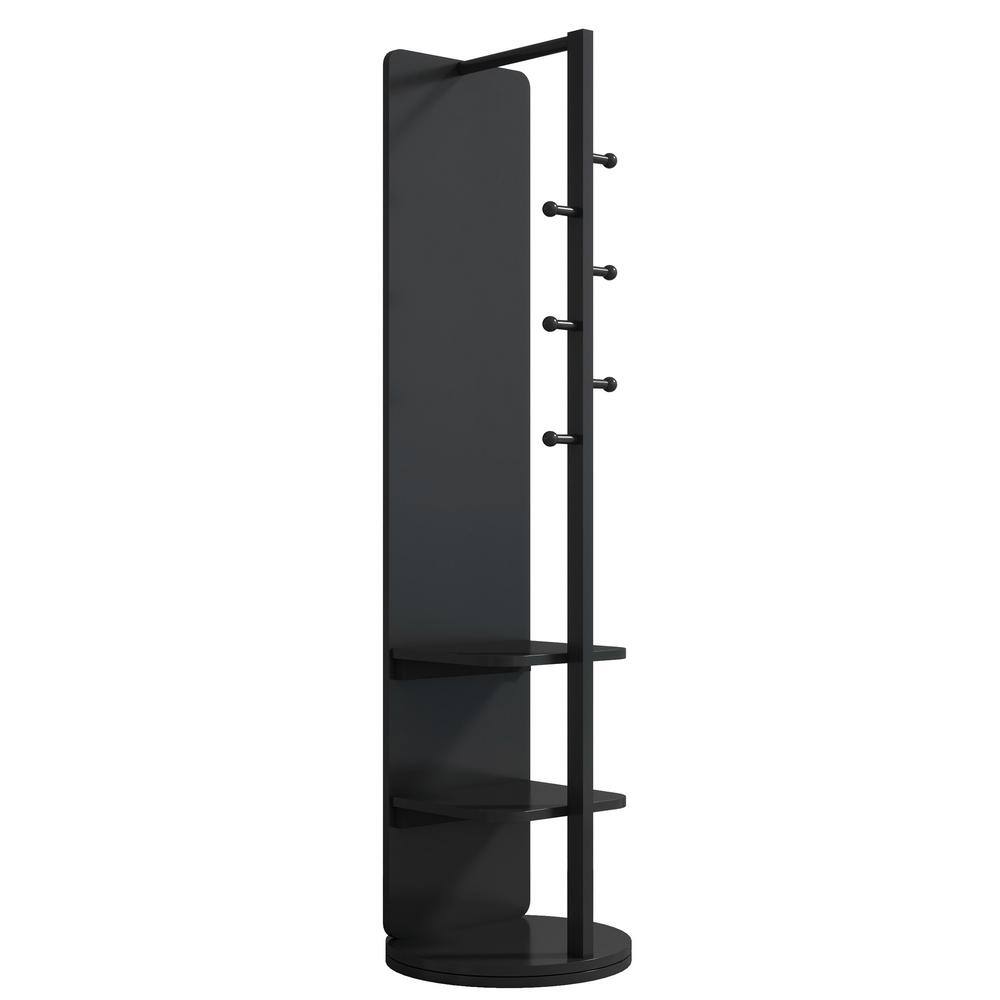 Black Solid Wood Full-Length Mirror with Coat Rack