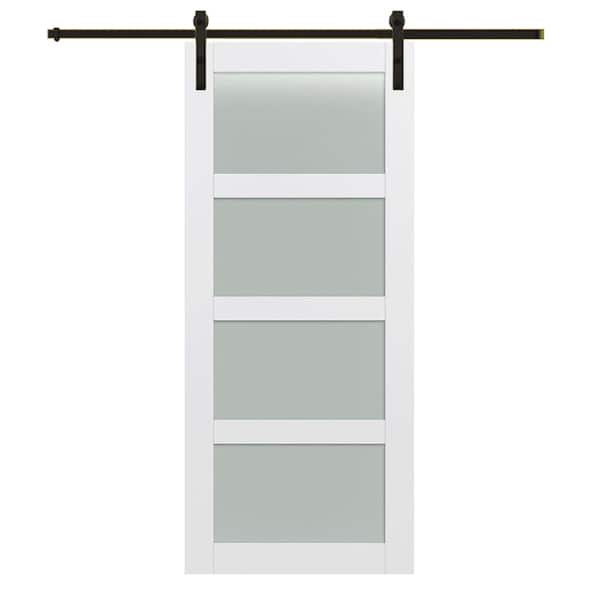 MMI DOOR 42 in. x 84 in. Shaker 4-Lite Frosted Glass Primed MDF Sliding Barn Door with Bent Strap Hardware Kit