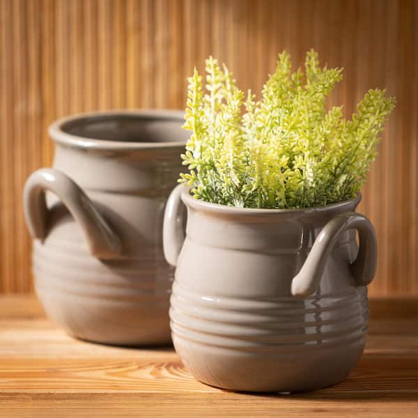 SULLIVANS 6.5" and 5.5" Glazed Gray Handled Ceramic Jar (Set of 2)