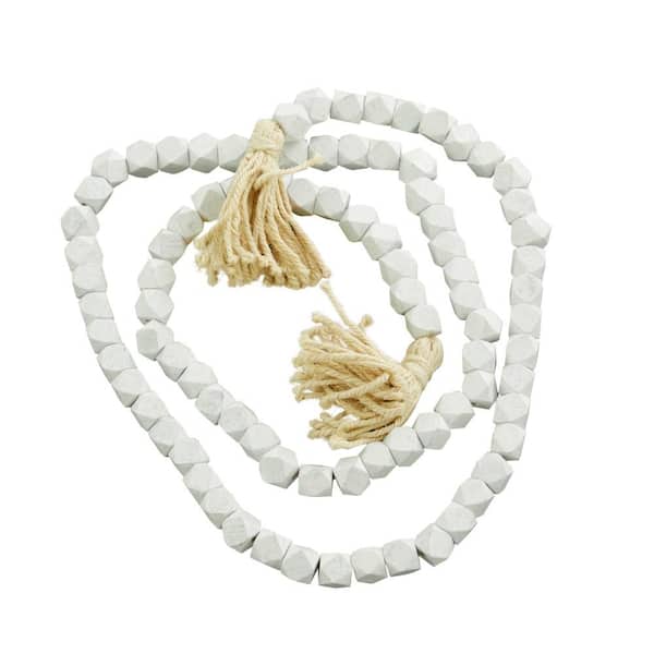 Litton Lane White Handmade Mango Wood Hexagon Carved Geometric Long Beaded Garland with Tassel