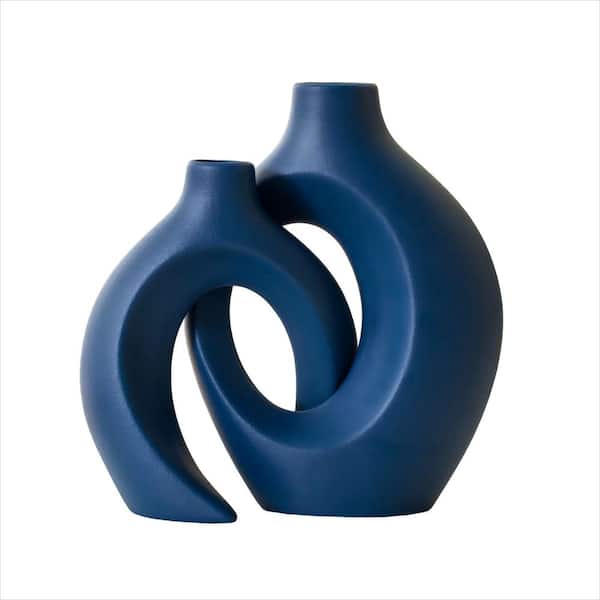 8.4 in. Geometric Ceramic Decorative Vase, Aesthetic Flower Vase for Home Decor, Navy Blue (2-Pack)