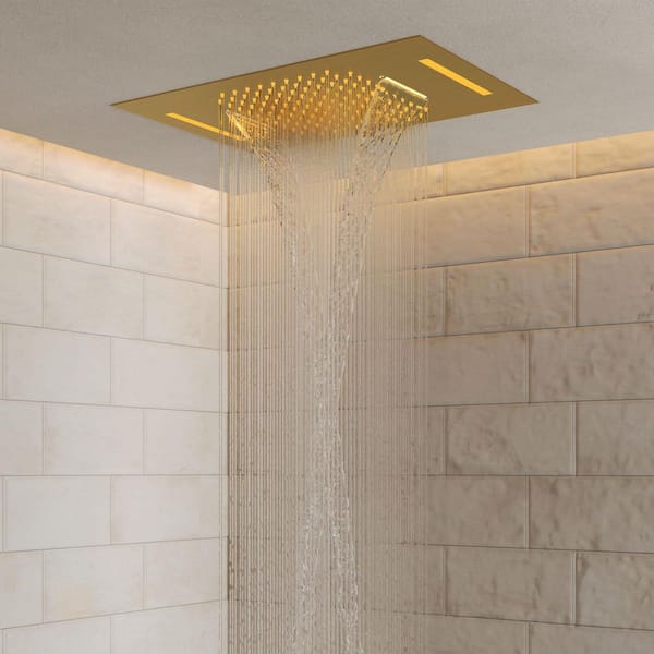 LED Thermostatic Quintuple Handle 15-Spray 23 x 15 in. Shower Faucets 2.5 GPM / Anti Scald, Body Spray in. Brushed Gold