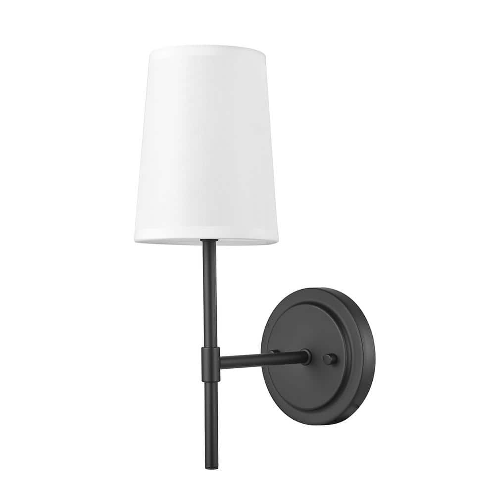Clarissa 1-Light Matte Black Wall Sconce with White Fabric Shade