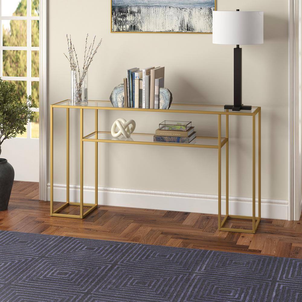 Art Deco Inspired 55" Brass & Glass Console Table with Shelf