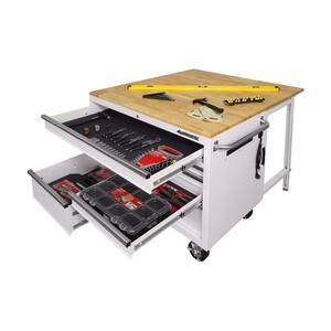 46 in. W x 51 in. D Standard Duty 9-Drawer Mobile Workbench with Solid Top Full Length Extension Table in Gloss White