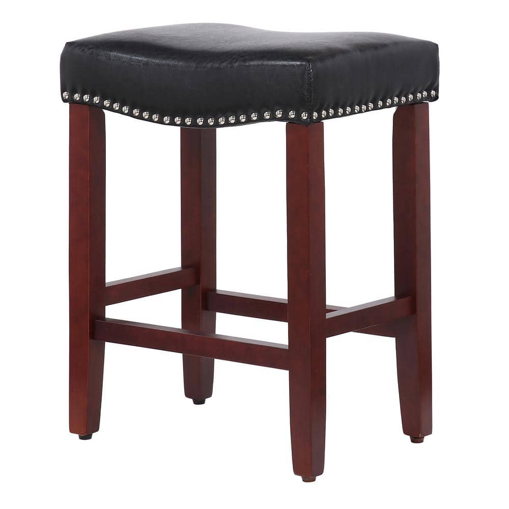 Grandville 24" Black Leather Saddle-Style Bar Stool with Nailhead Trim