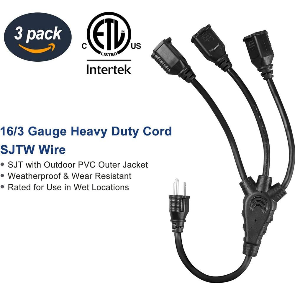Black Heavy Duty 3 Prong Extension Cord Splitter, 1.5 ft, PVC
