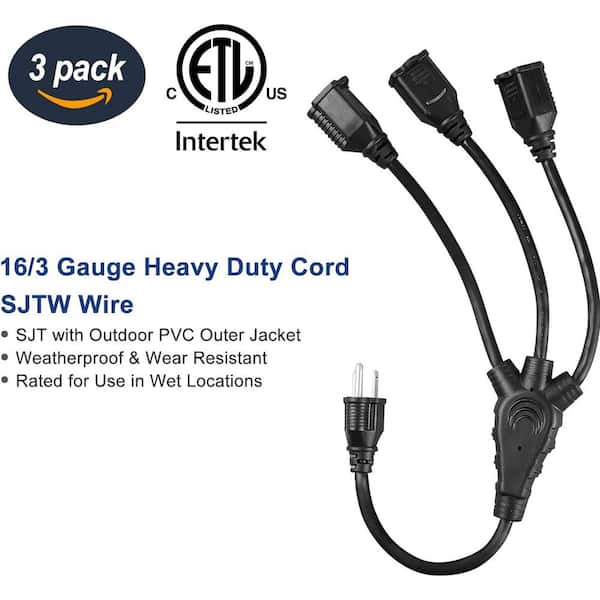 1.5 ft. 16/3 Heavy Duty SJTW Indoor/Outdoor Extension Cord Splitter 1 to 3, Black