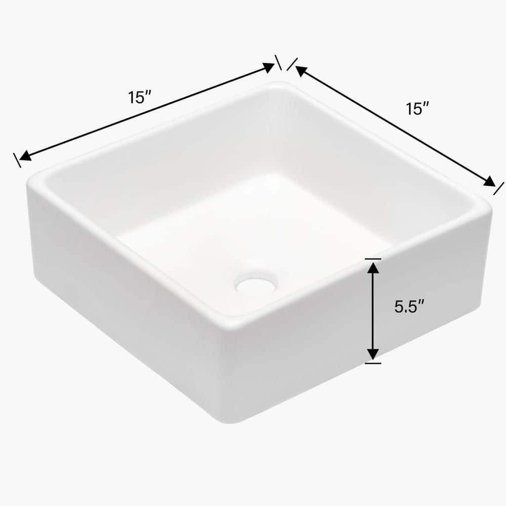 15'' White Gloss Ceramic Square Vessel Bathroom Sink