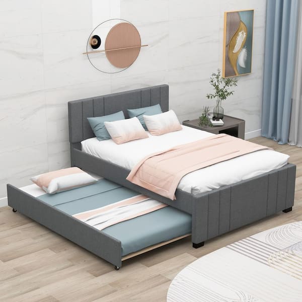 Harper & Bright Designs Gray Wood Frame Full Size Upholstered Platform Bed with Trundle