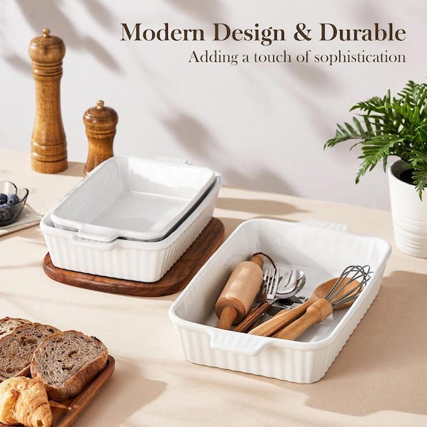 MALACASA 3-Piece White Rectangular Porcelain Baking Dish Set with