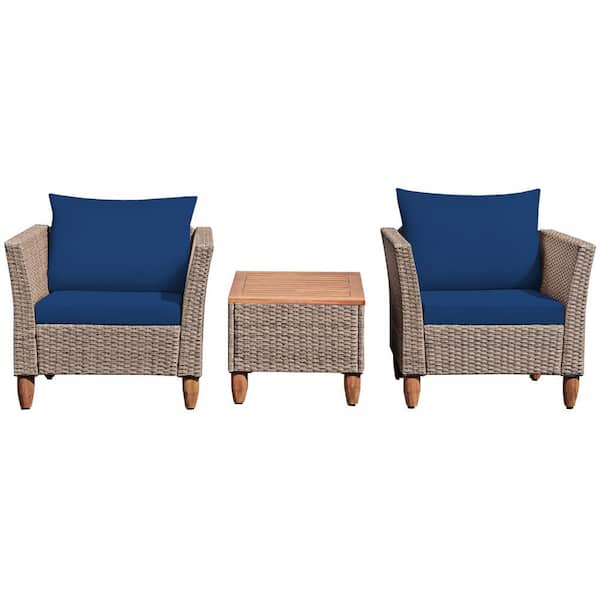  3-Piece Wicker Patio Conversation Set with Blue Cushions