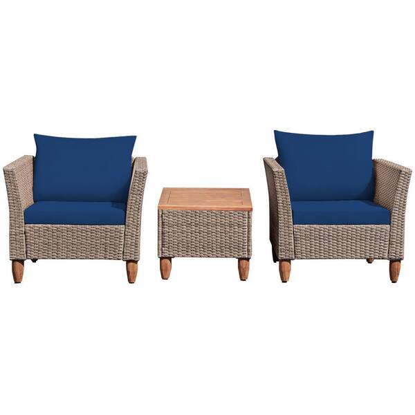null 3-Piece Wicker Patio Conversation Set with Blue Cushions