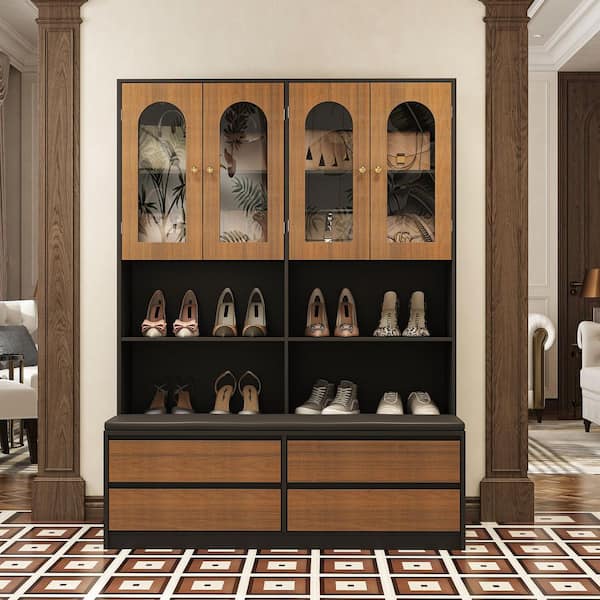 Modern Black and Oak Wood Hall Tree with Glass Cabinets, Storage Shelves and Drawer Bench-Entryway Organizer