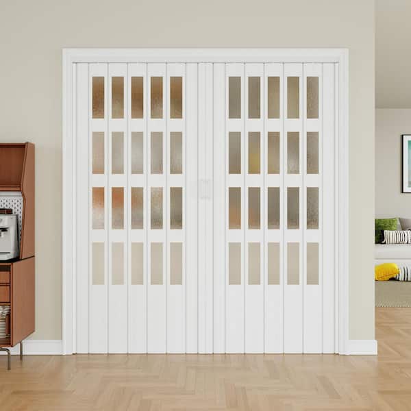 ARK DESIGN 72 in. x 80 in. White Double PVC Material With 4-Lite Frosted Acrylic Panel Accordion Door With Installation Hardware
