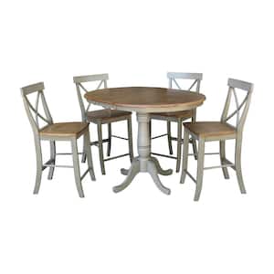 Laurel 5-Piece 36 in. Hickory/Stone Extendable Solid Wood Counter Height Dining Set with Alexa Stools