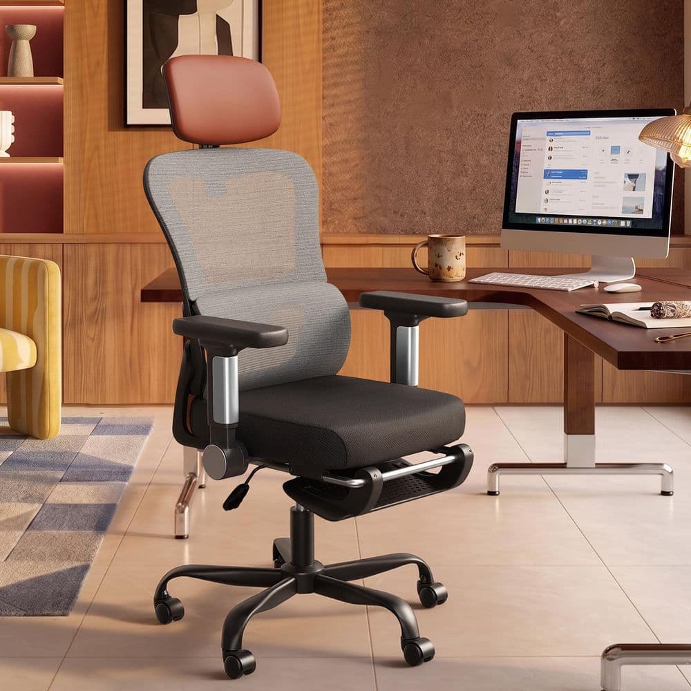 High Mesh Back Reclining Ergonomic Task Chair in Gray with Arms, Lumbar Support, Footrest and Orange Red PU Headrest