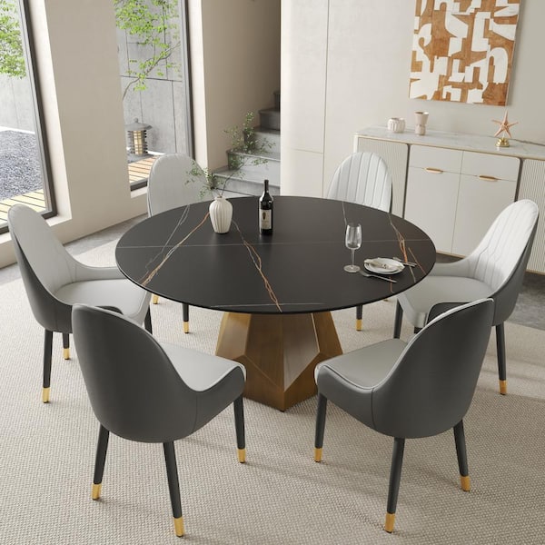 J&E Home Black Sintered Stone 53.15 in. Pedestal Marble Dining Table (Seats 6)